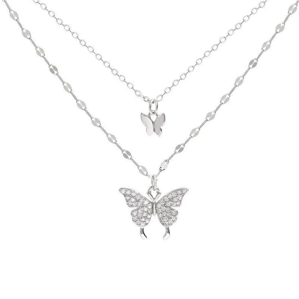 Shiny Butterfly Double-Layer Necklace – Elegant Clavicle Chain for Women