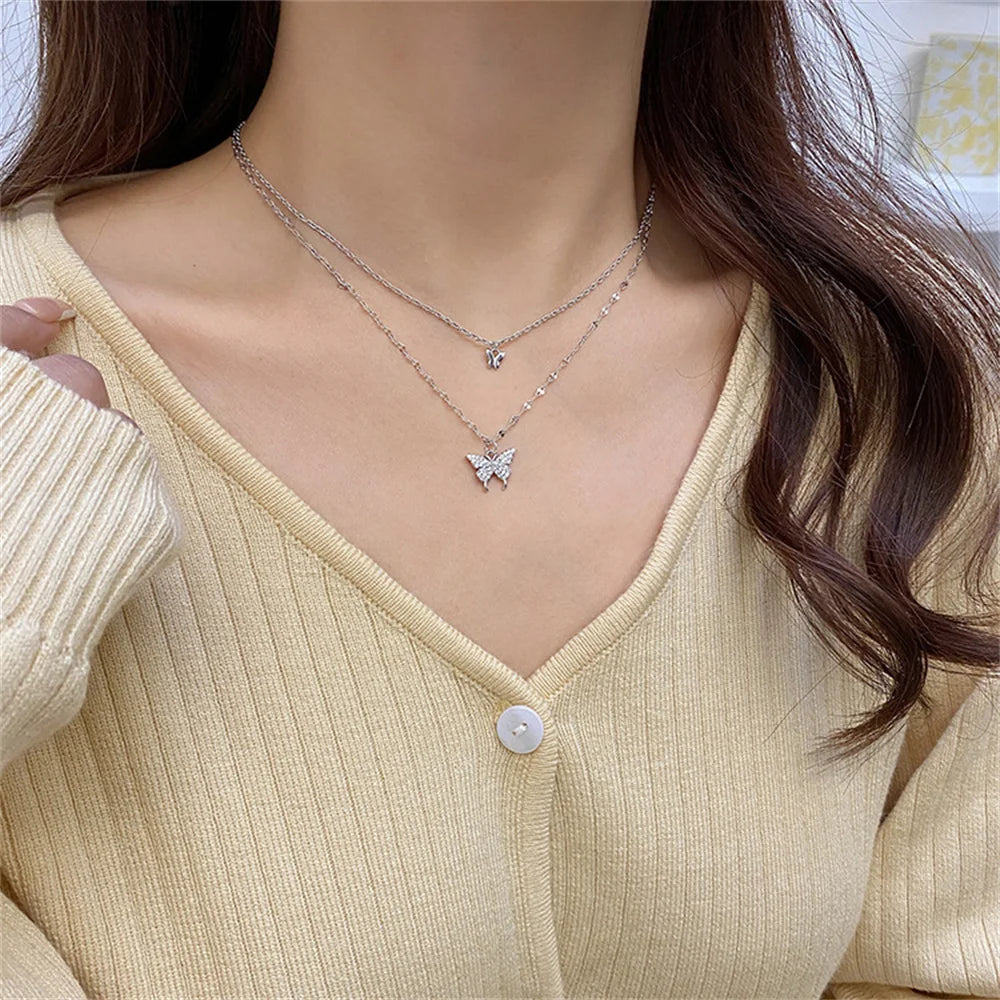 Shiny Butterfly Double-Layer Necklace – Elegant Clavicle Chain for Women