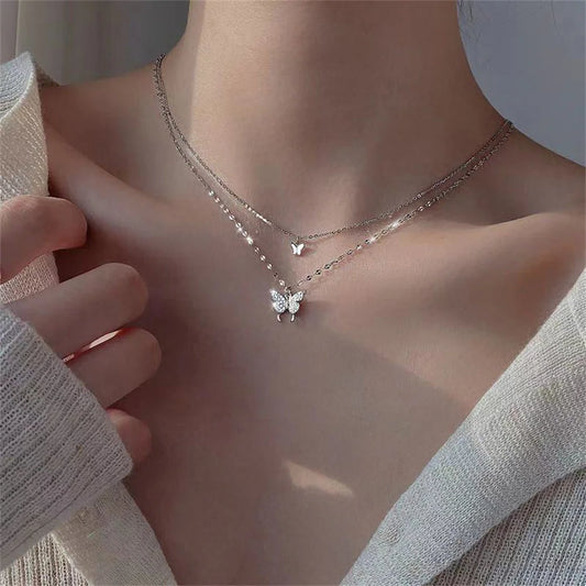 Shiny Butterfly Double-Layer Necklace – Elegant Clavicle Chain for Women