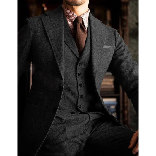 Men's Black Herringbone Wedding Suit – Vintage Tweed 3-Piece Tuxedo