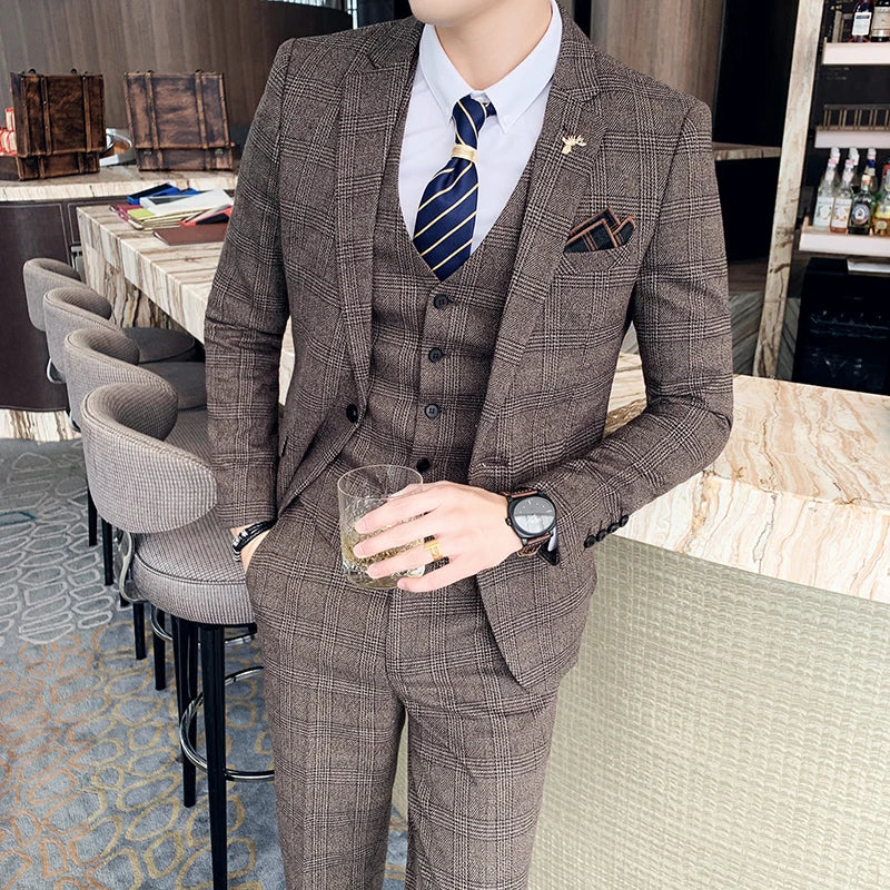 High-Quality British Korean Plaid Three-Piece Suit – Stylish Suit, Vest, and Trousers