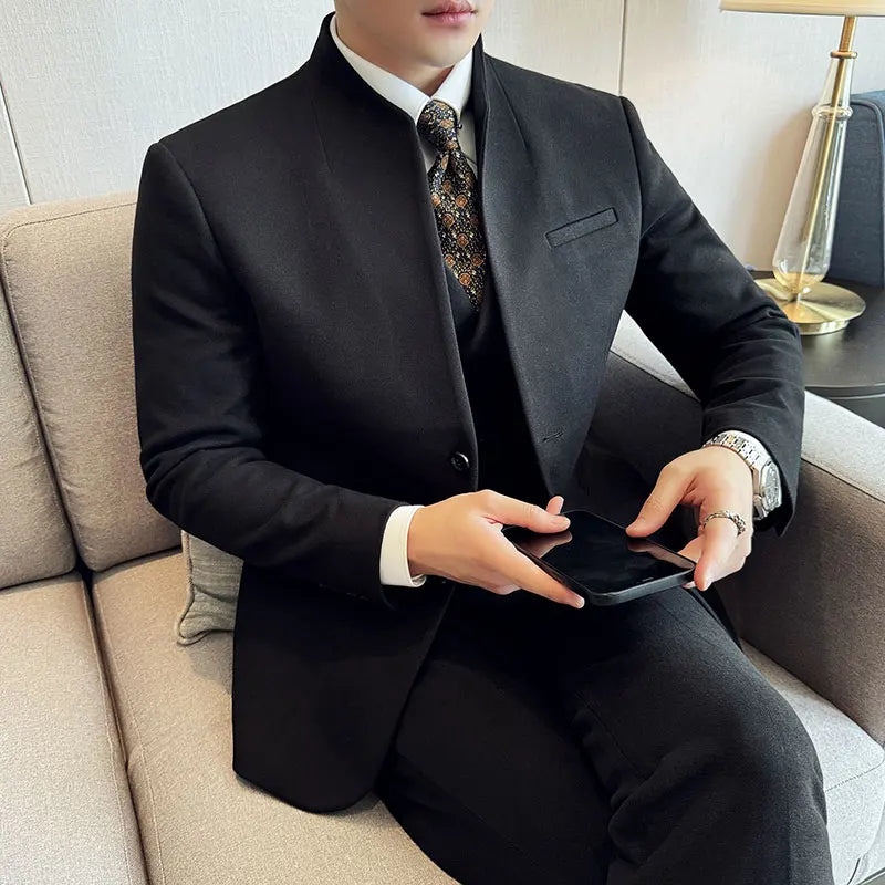 Korean Style Slim Fit Men's Suit Set – Elegant Three-Piece Wool Blazer