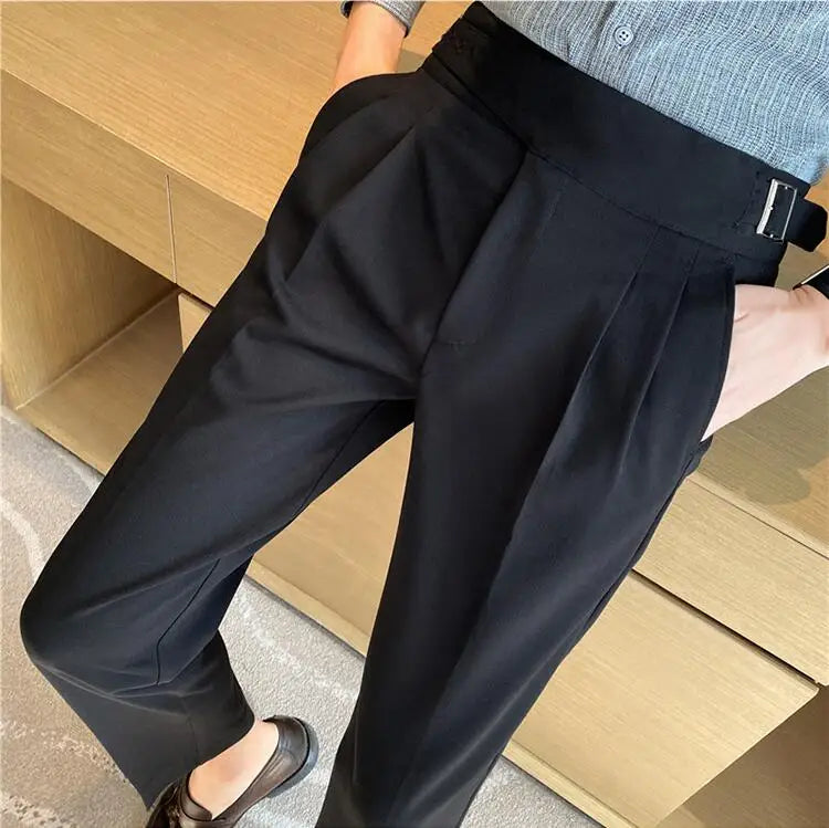 British Style High-Waist Dress Pants for Men – Slim Fit with Belt Design