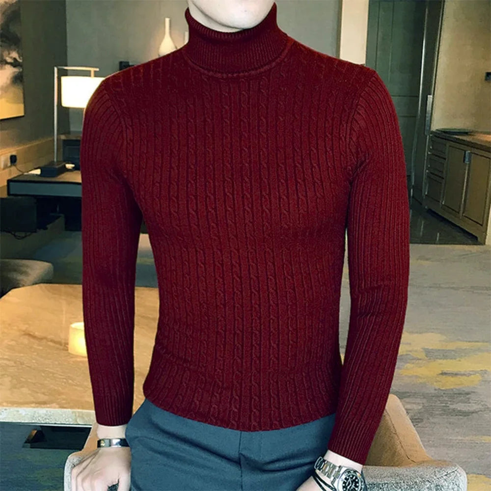 Men's Slim Fit Turtleneck Pullover Sweater – Warm Solid Color Knitted Top for Autumn/Winter