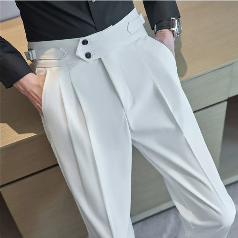 British Style High-Waist Dress Pants for Men – Slim Fit with Belt Design