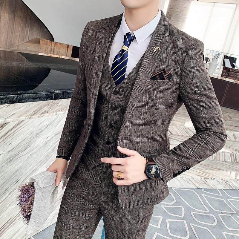 High-Quality British Korean Plaid Three-Piece Suit – Stylish Suit, Vest, and Trousers