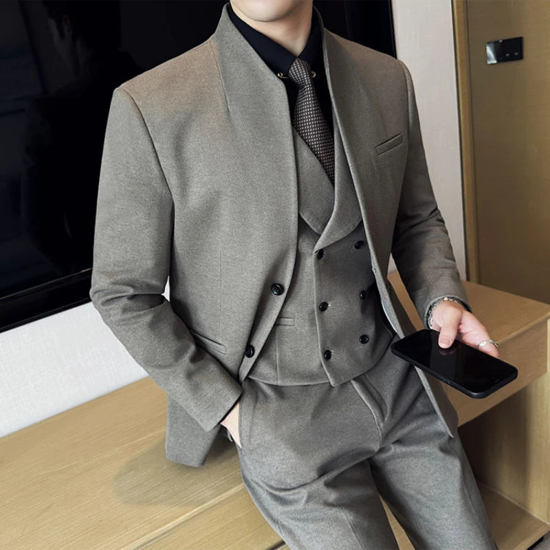 Korean Style Slim Fit Men's Suit Set – Elegant Three-Piece Wool Blazer