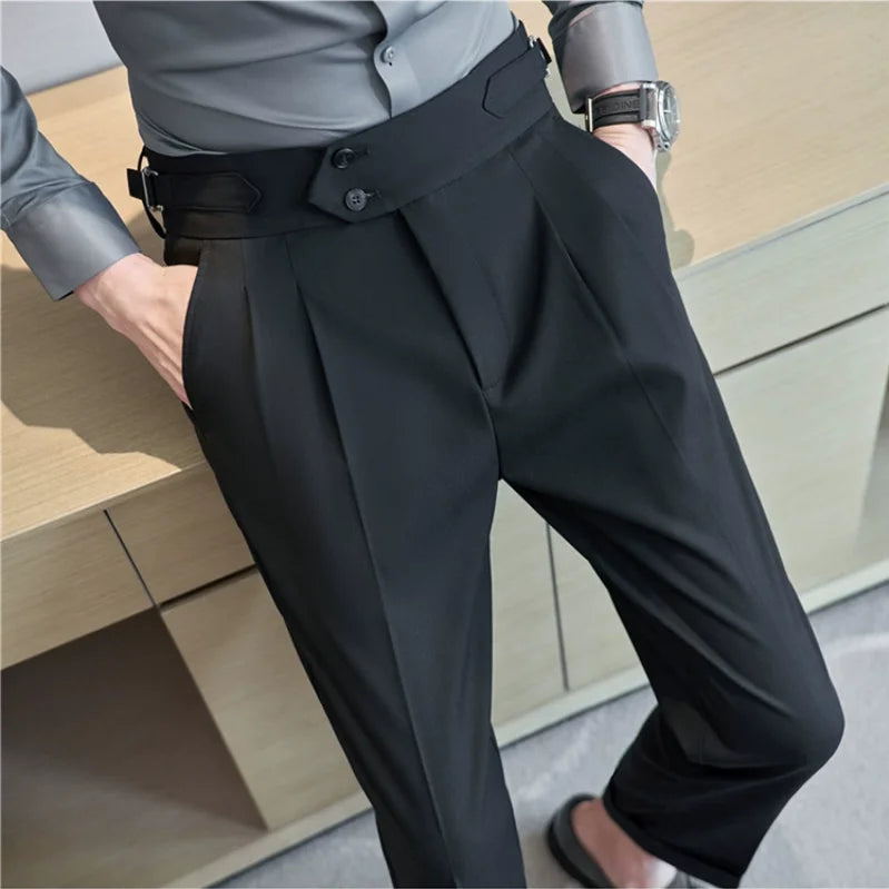 British Style High-Waist Dress Pants for Men – Slim Fit with Belt Design