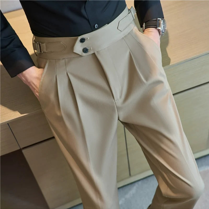 British Style High-Waist Dress Pants for Men – Slim Fit with Belt Design