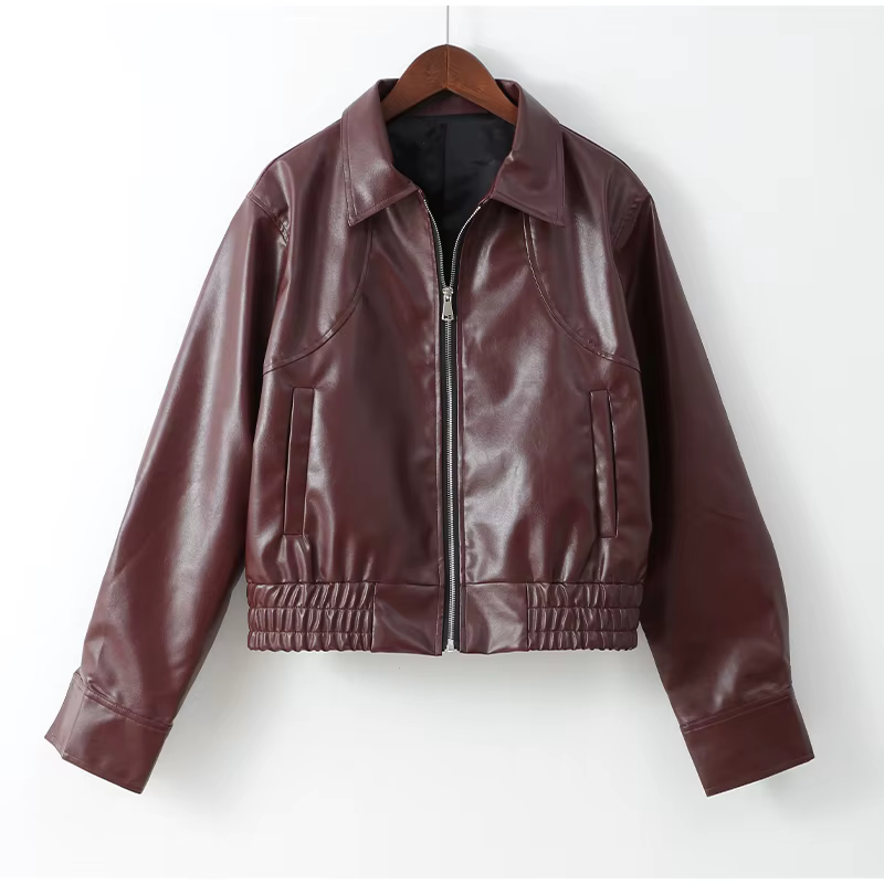 Fashion Solid PU Leather Women's Crop Jacket – Elegant Long Sleeve Zipper Coat