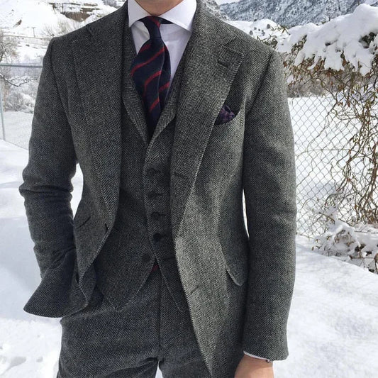 Gray Wool Tweed Men's Suit – Formal Herringbone Tuxedo for Weddings (3-Piece Set)