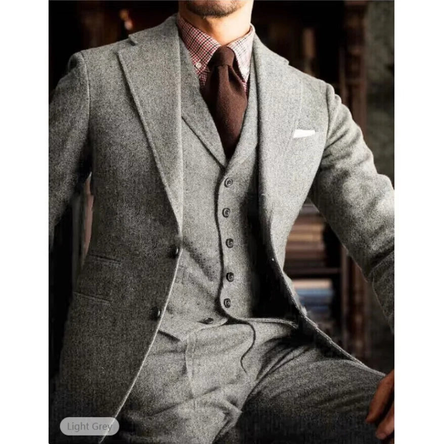 Men's Black Herringbone Wedding Suit – Vintage Tweed 3-Piece Tuxedo