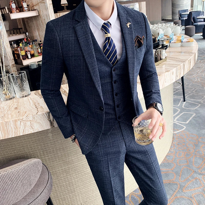 High-Quality British Korean Plaid Three-Piece Suit – Stylish Suit, Vest, and Trousers