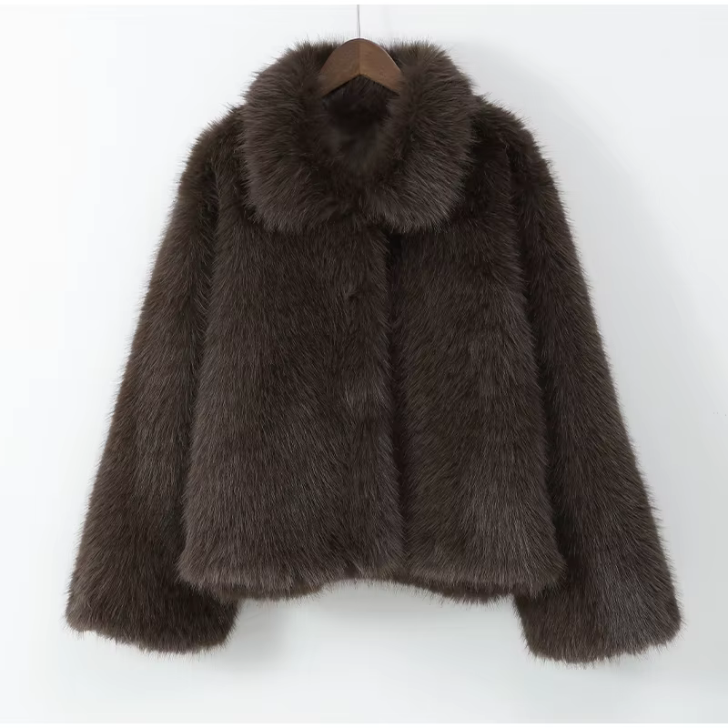 Lapel Brown Faux Fur Coat – Luxurious Fluffy Short Jacket for Women