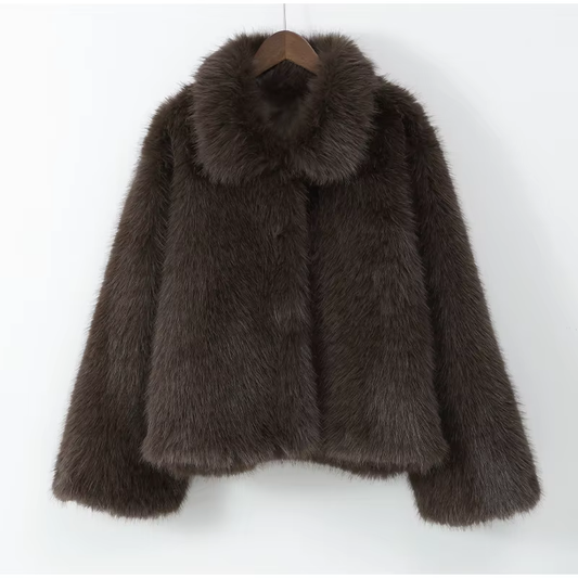 Lapel Brown Faux Fur Coat – Luxurious Fluffy Short Jacket for Women