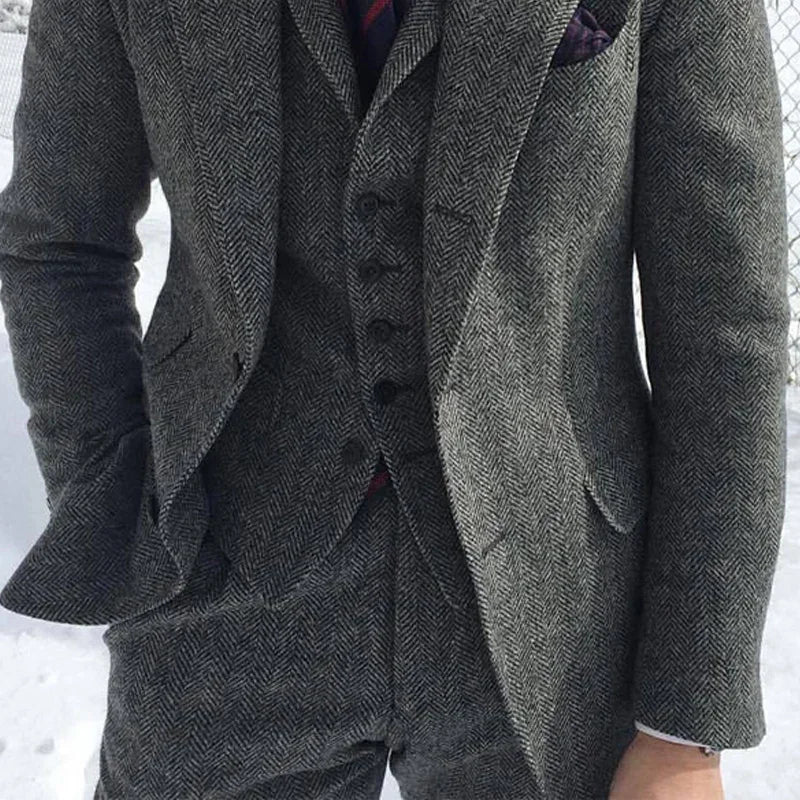 Gray Wool Tweed Men's Suit – Formal Herringbone Tuxedo for Weddings (3-Piece Set)