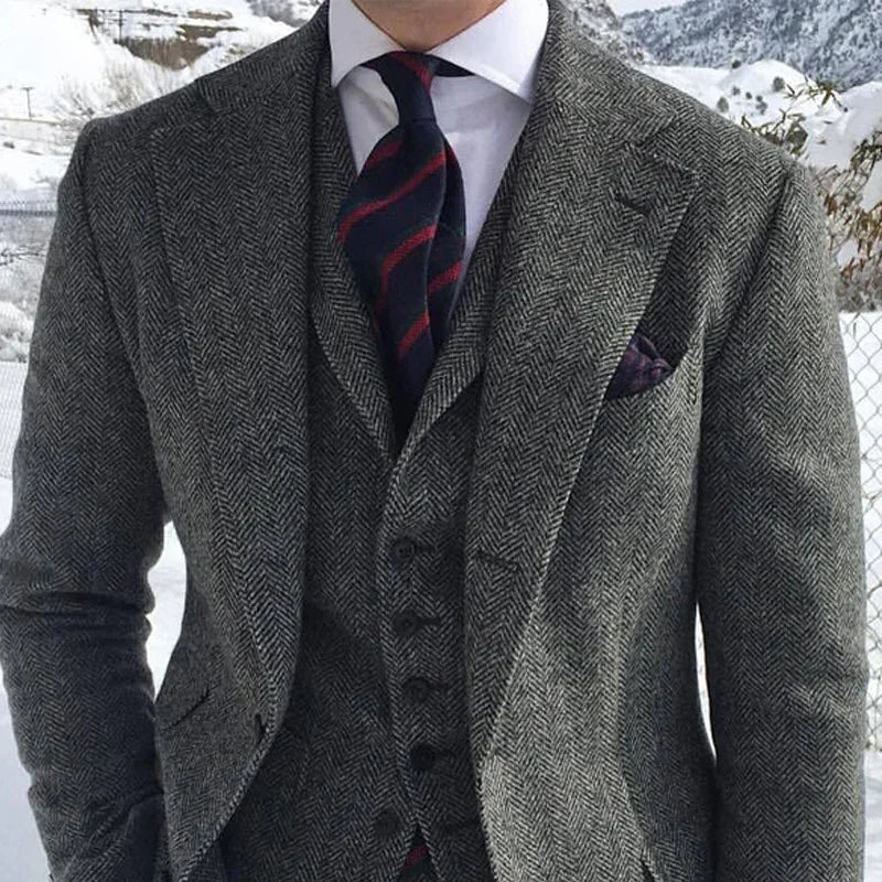 Gray Wool Tweed Men's Suit – Formal Herringbone Tuxedo for Weddings (3-Piece Set)