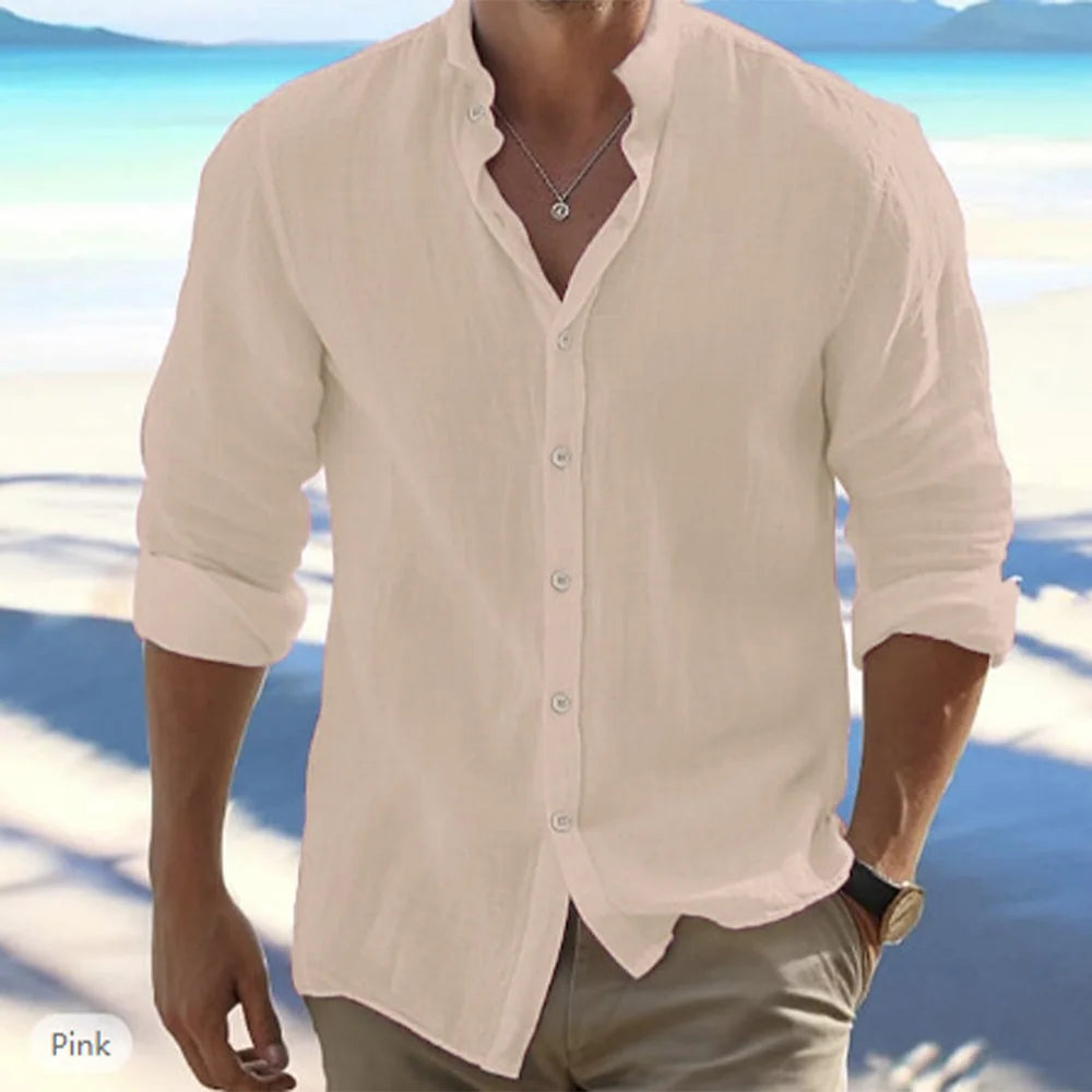 Men's Cotton Linen Long-Sleeve Shirt – Casual Beach Style with Stand-Up Collar