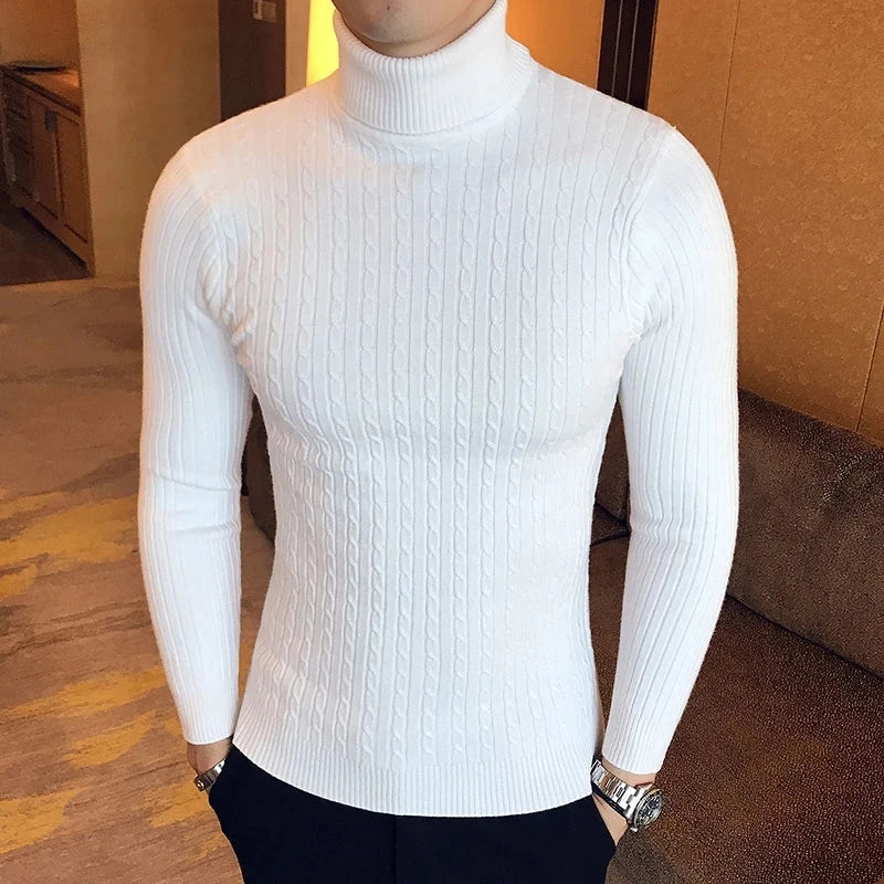 Men's Slim Fit Turtleneck Pullover Sweater – Warm Solid Color Knitted Top for Autumn/Winter