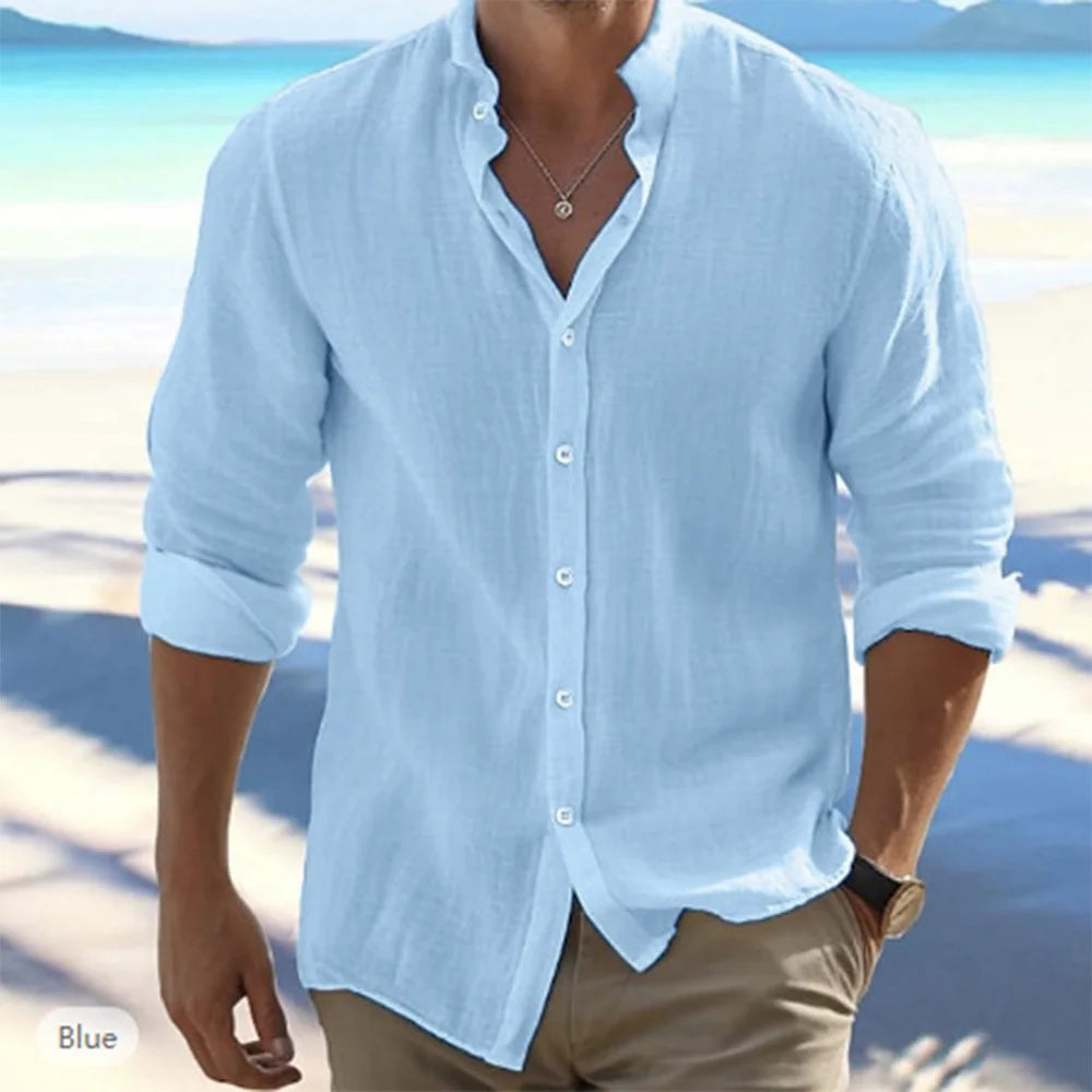 Men's Cotton Linen Long-Sleeve Shirt – Casual Beach Style with Stand-Up Collar