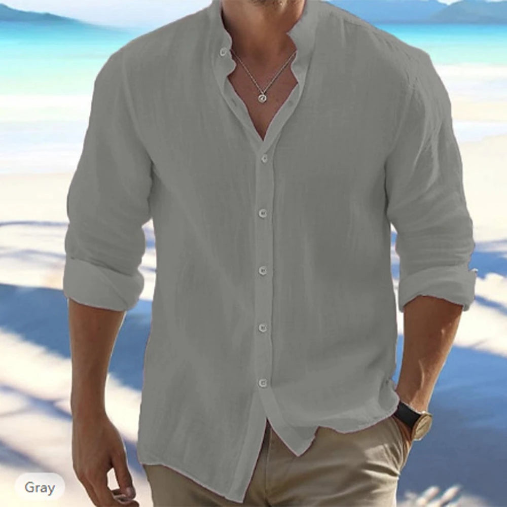 Men's Cotton Linen Long-Sleeve Shirt – Casual Beach Style with Stand-Up Collar