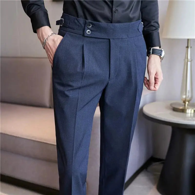 British Style High-Waist Dress Pants for Men – Slim Fit with Belt Design