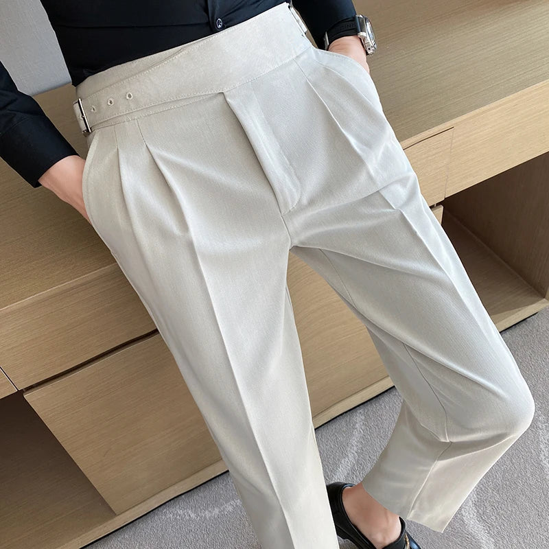 British Style High-Waist Dress Pants for Men – Slim Fit with Belt Design