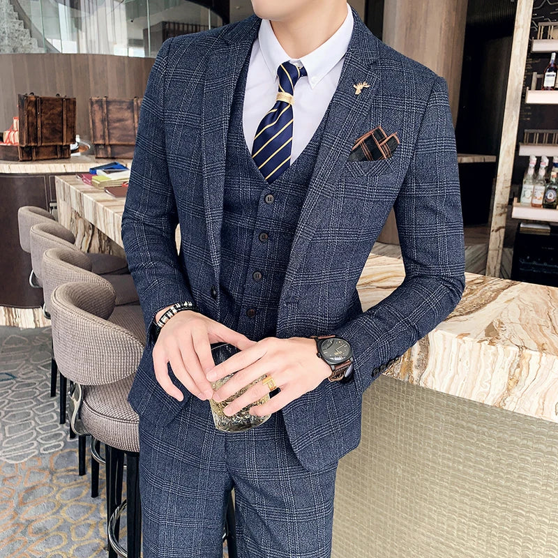 High-Quality British Korean Plaid Three-Piece Suit – Stylish Suit, Vest, and Trousers