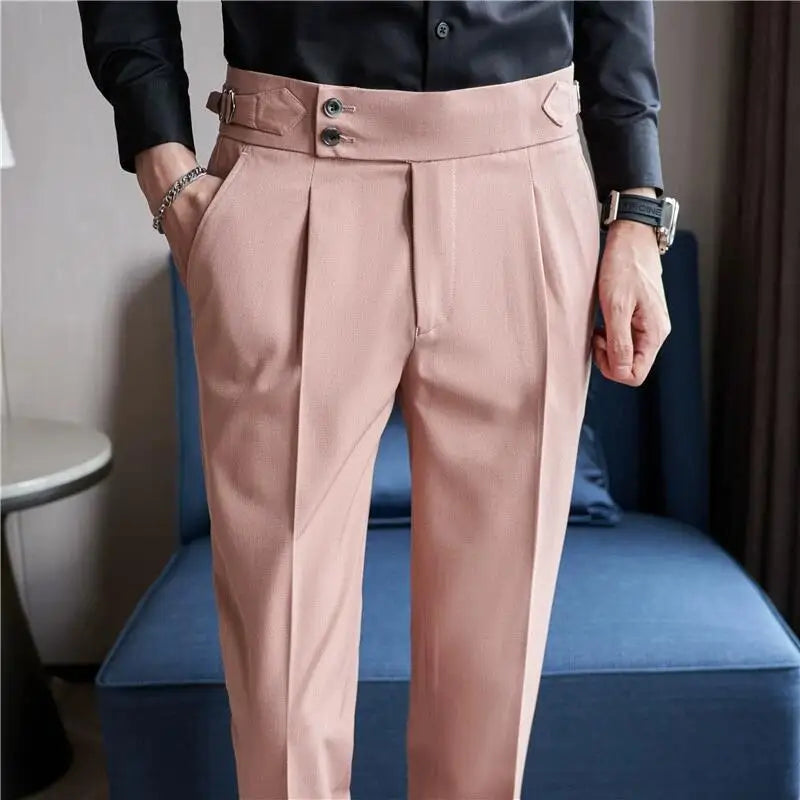 British Style High-Waist Dress Pants for Men – Slim Fit with Belt Design