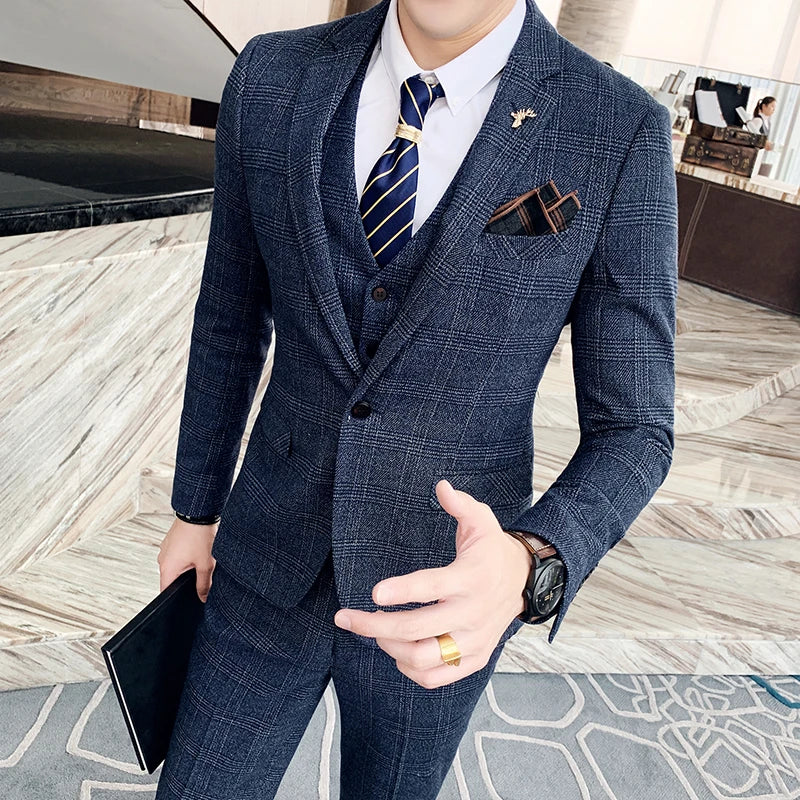 High-Quality British Korean Plaid Three-Piece Suit – Stylish Suit, Vest, and Trousers