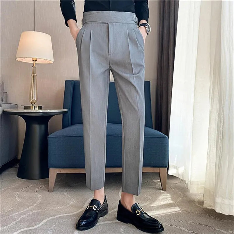 British Style High-Waist Dress Pants for Men – Slim Fit with Belt Design