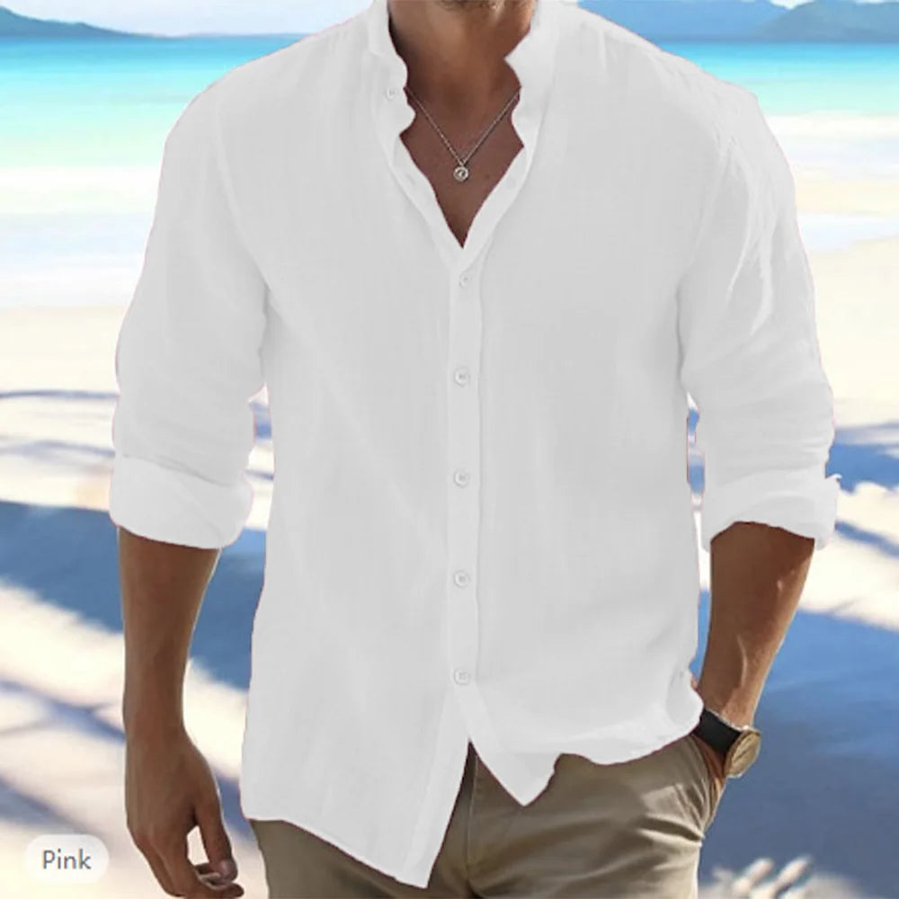 Men's Cotton Linen Long-Sleeve Shirt – Casual Beach Style with Stand-Up Collar