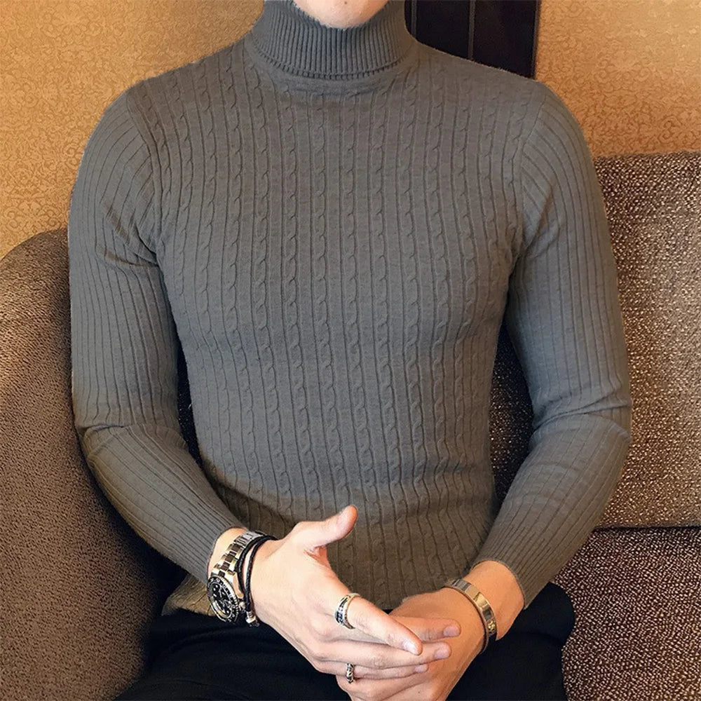 Men's Slim Fit Turtleneck Pullover Sweater – Warm Solid Color Knitted Top for Autumn/Winter