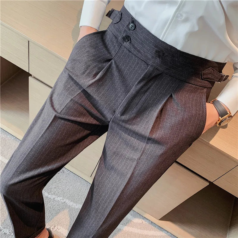 British Style High-Waist Dress Pants for Men – Slim Fit with Belt Design