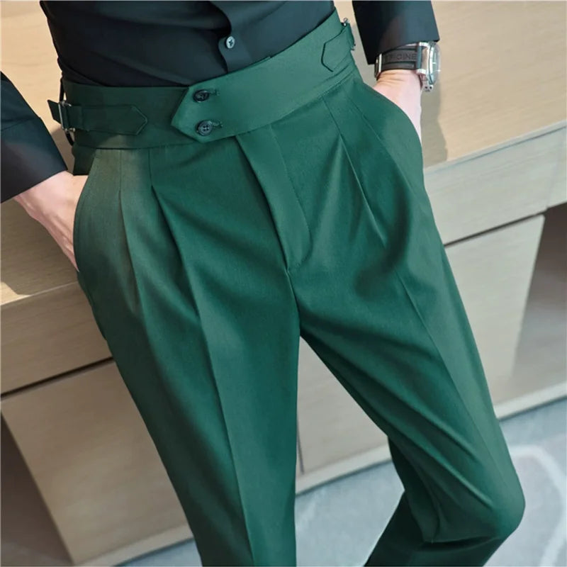 British Style High-Waist Dress Pants for Men – Slim Fit with Belt Design