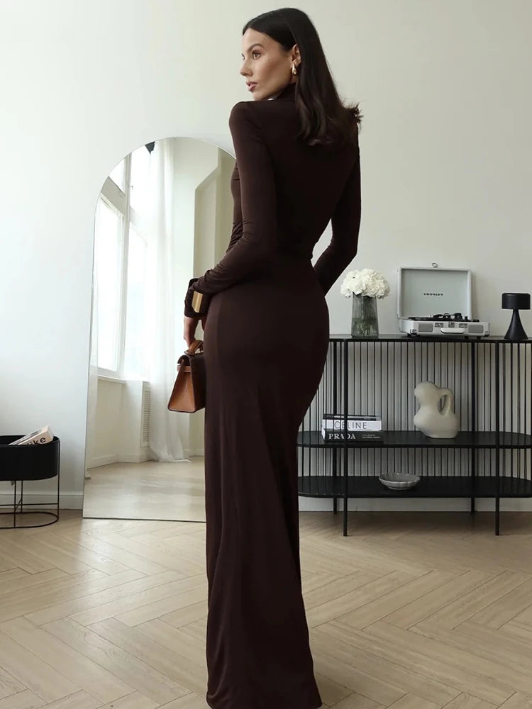 Turtleneck Thigh-High Split Maxi Dress – Sexy Long Sleeve Bodycon for Club Wear