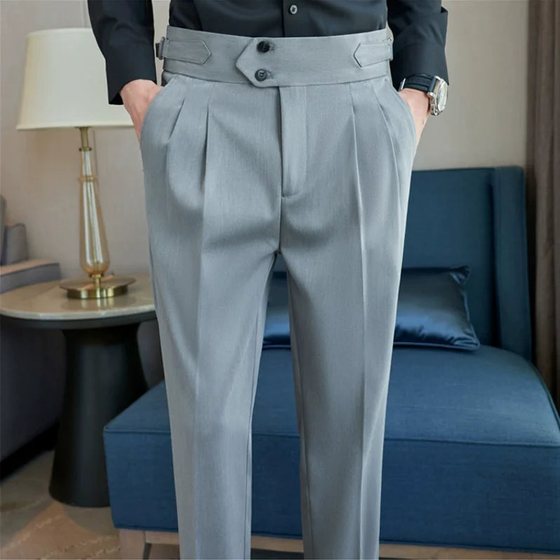 British Style High-Waist Dress Pants for Men – Slim Fit with Belt Design