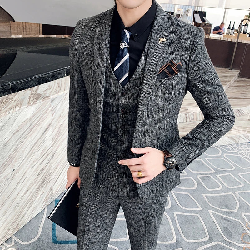 High-Quality British Korean Plaid Three-Piece Suit – Stylish Suit, Vest, and Trousers