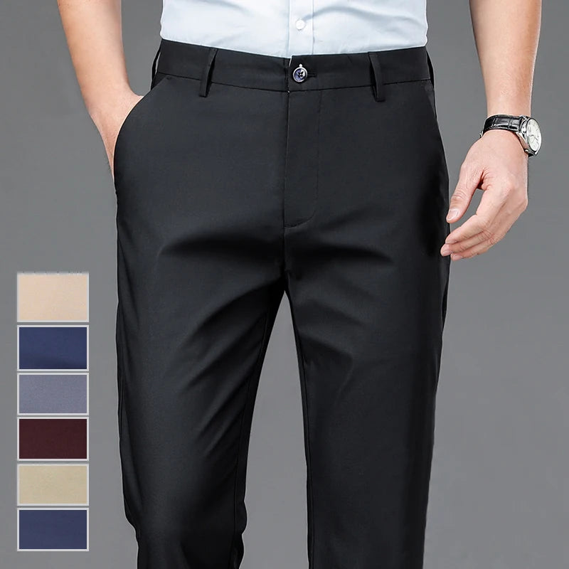 Men's Stretch Solid Black Trousers – Smart Casual Quick-Dry Pants