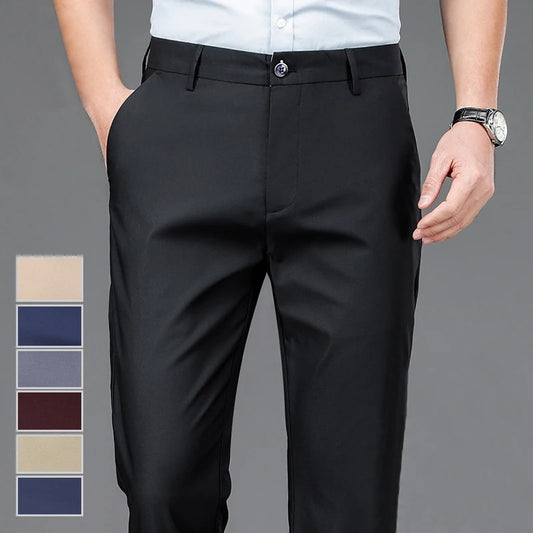 Men's Stretch Solid Black Trousers – Smart Casual Quick-Dry Pants