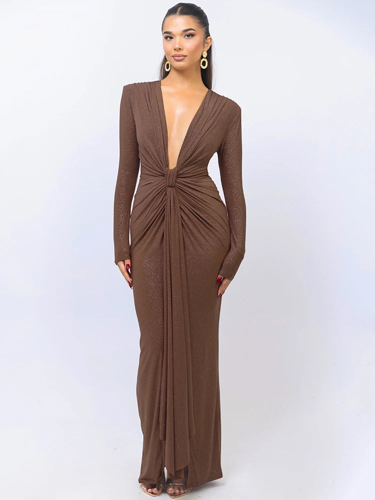 Glitter Deep V-Neck Maxi Dress – Elegant Ruched Bodycon with Split