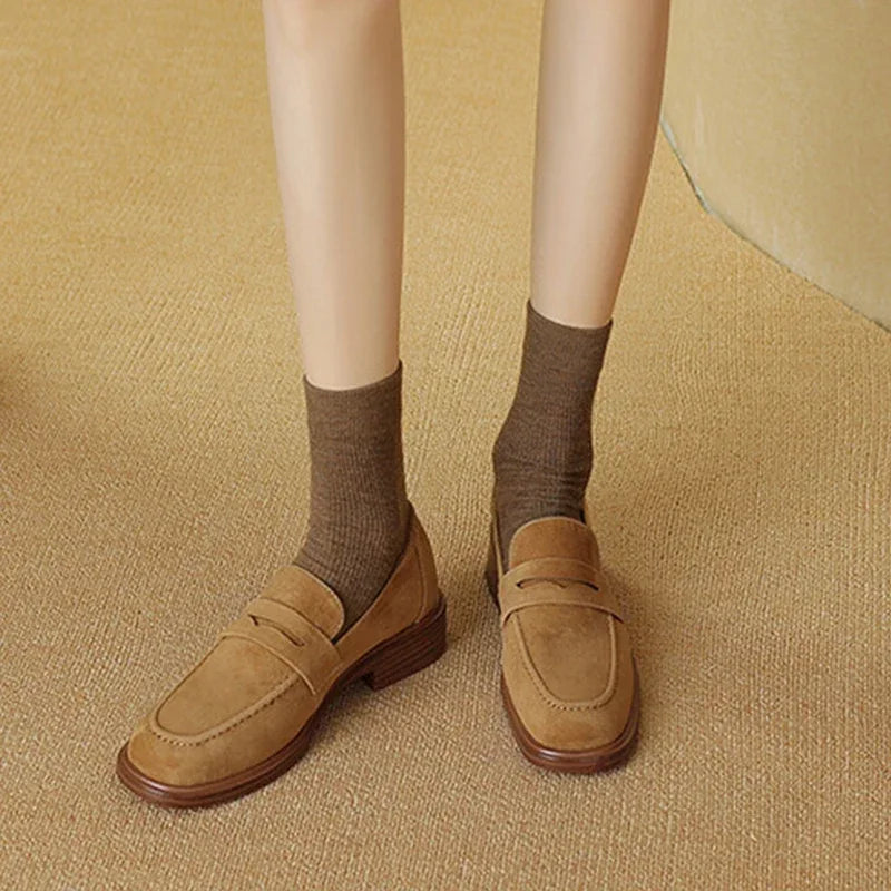 Women's Suede Leather Loafers – Vintage Low-Heel Flats for Office & Daily Wear