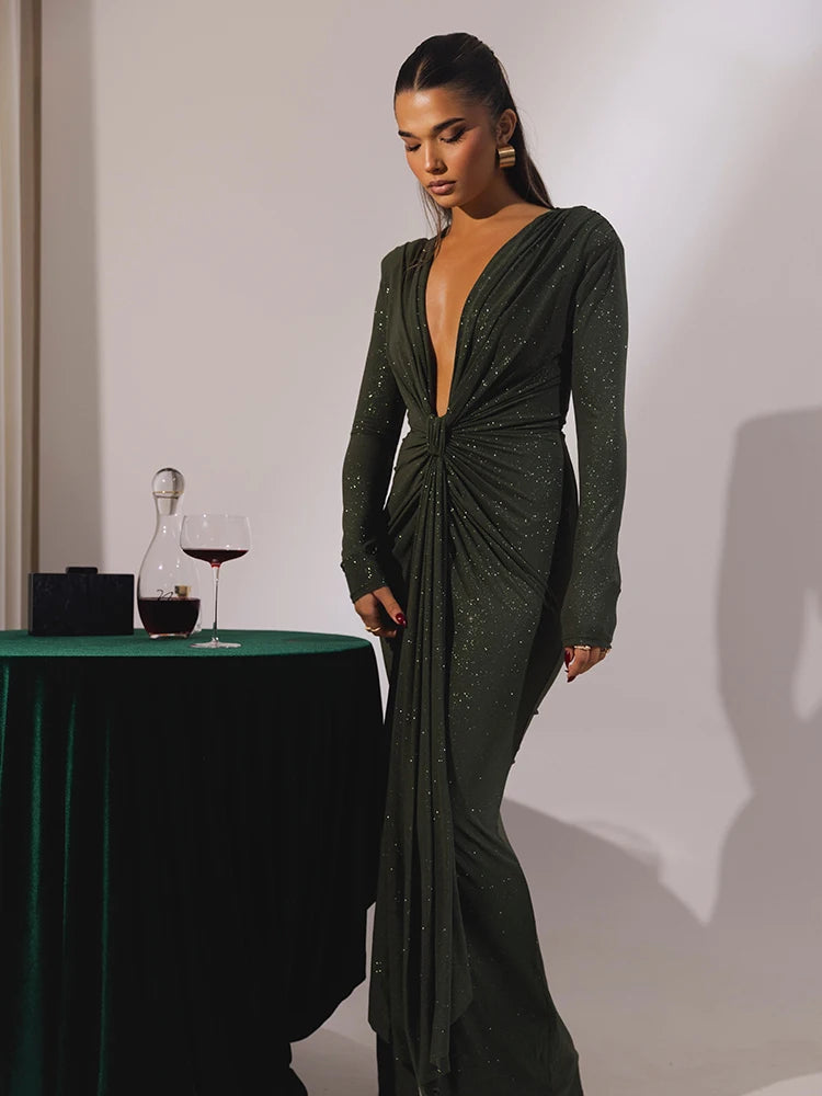 Glitter Deep V-Neck Maxi Dress – Elegant Ruched Bodycon with Split