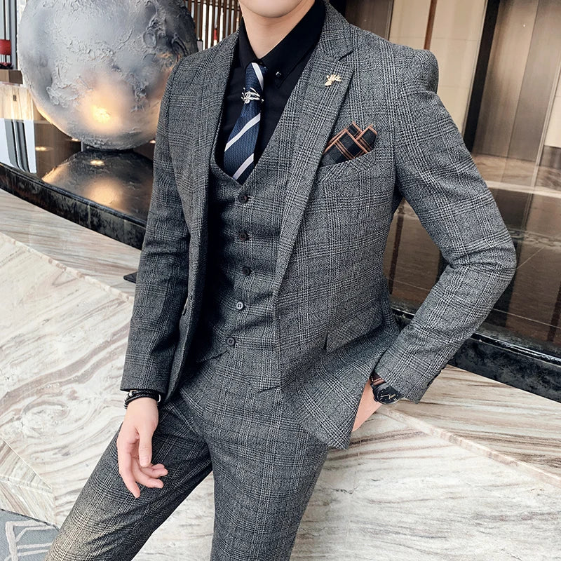 High-Quality British Korean Plaid Three-Piece Suit – Stylish Suit, Vest, and Trousers