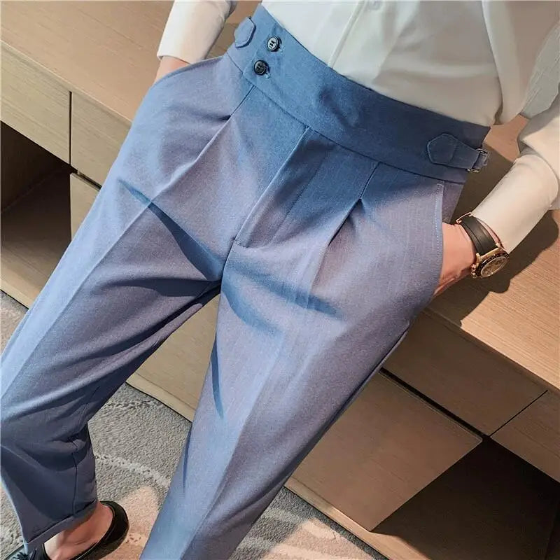 British Style High-Waist Dress Pants for Men – Slim Fit with Belt Design