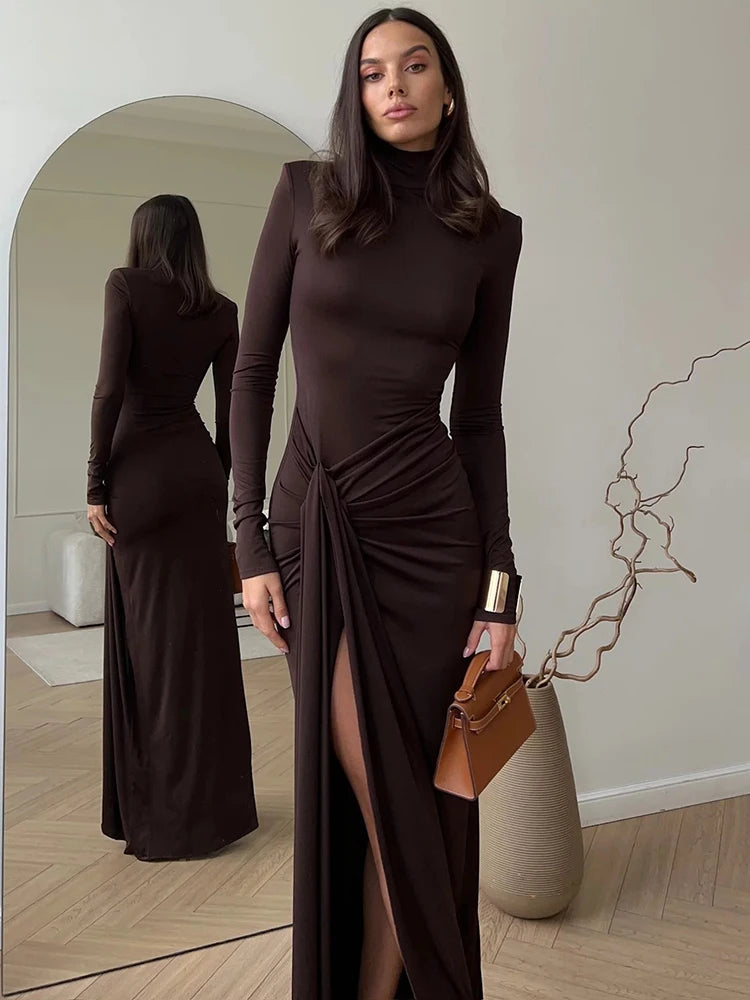 Turtleneck Thigh-High Split Maxi Dress – Sexy Long Sleeve Bodycon for Club Wear